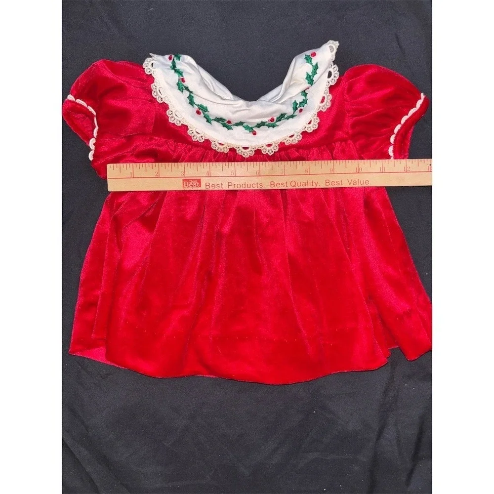 Vintage Baby Girl Christmas Dress Red Holly Embroidery 12M velvet Union Made USA